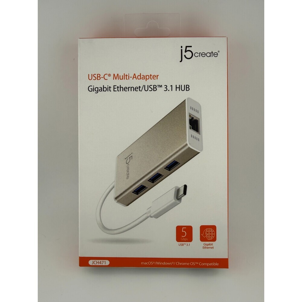 NEW J5Create JCH471 White 3.1 USB Type-C Gigabit Ethernet and Hub Multi-Adapter